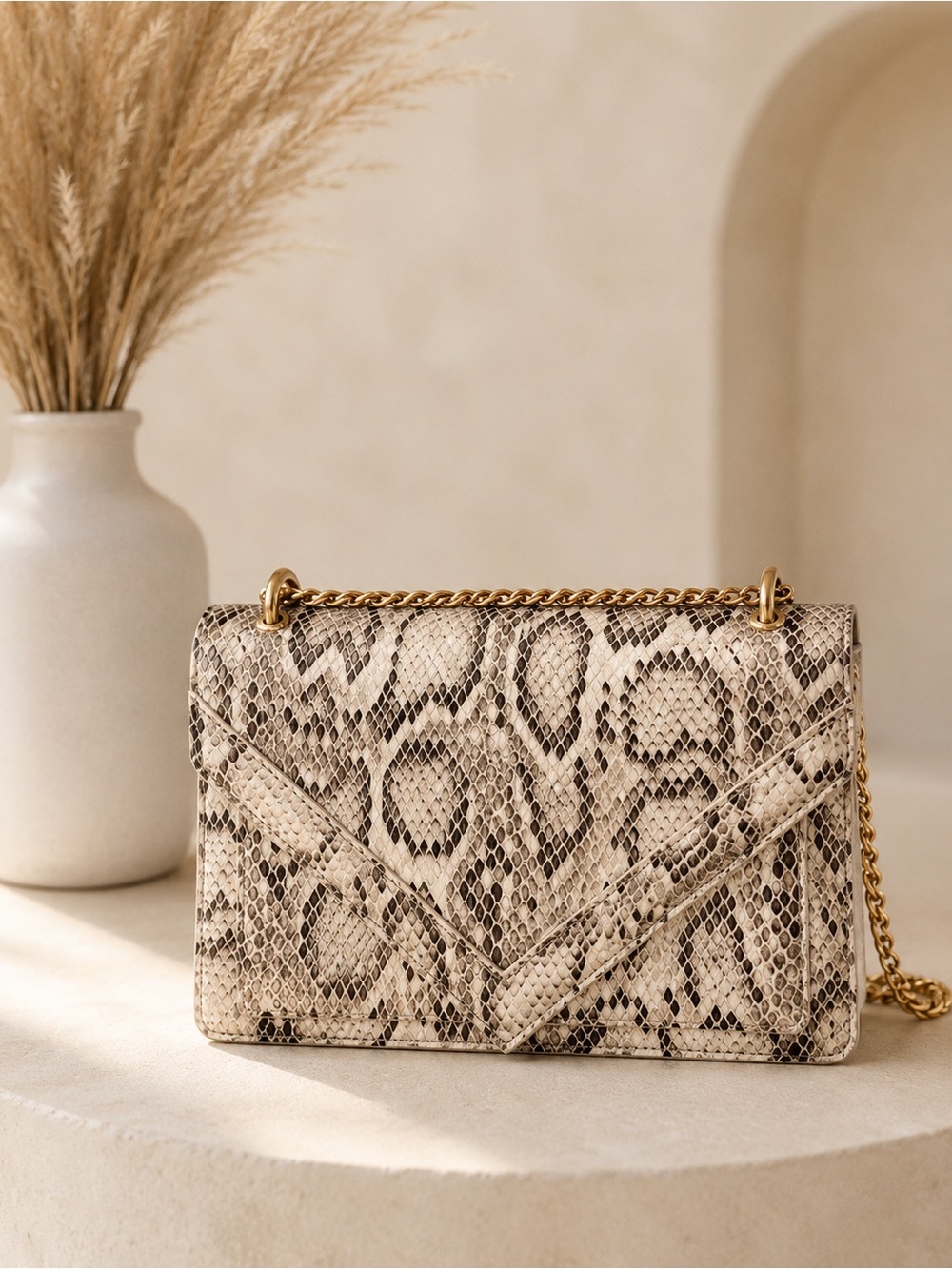 Nico & Olive NWT Snake Print Envelope Crossbody Bag Gold Chain Neutral Clutch